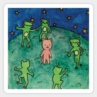 frogs dancing around a cat cottagecore meme watercolor illustration Sticker